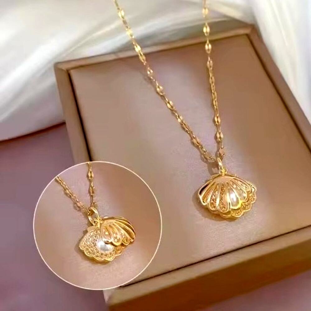 Dainty Gold Tone Clamshell & Pearl Necklace Women's Valentine's Birthday Gift